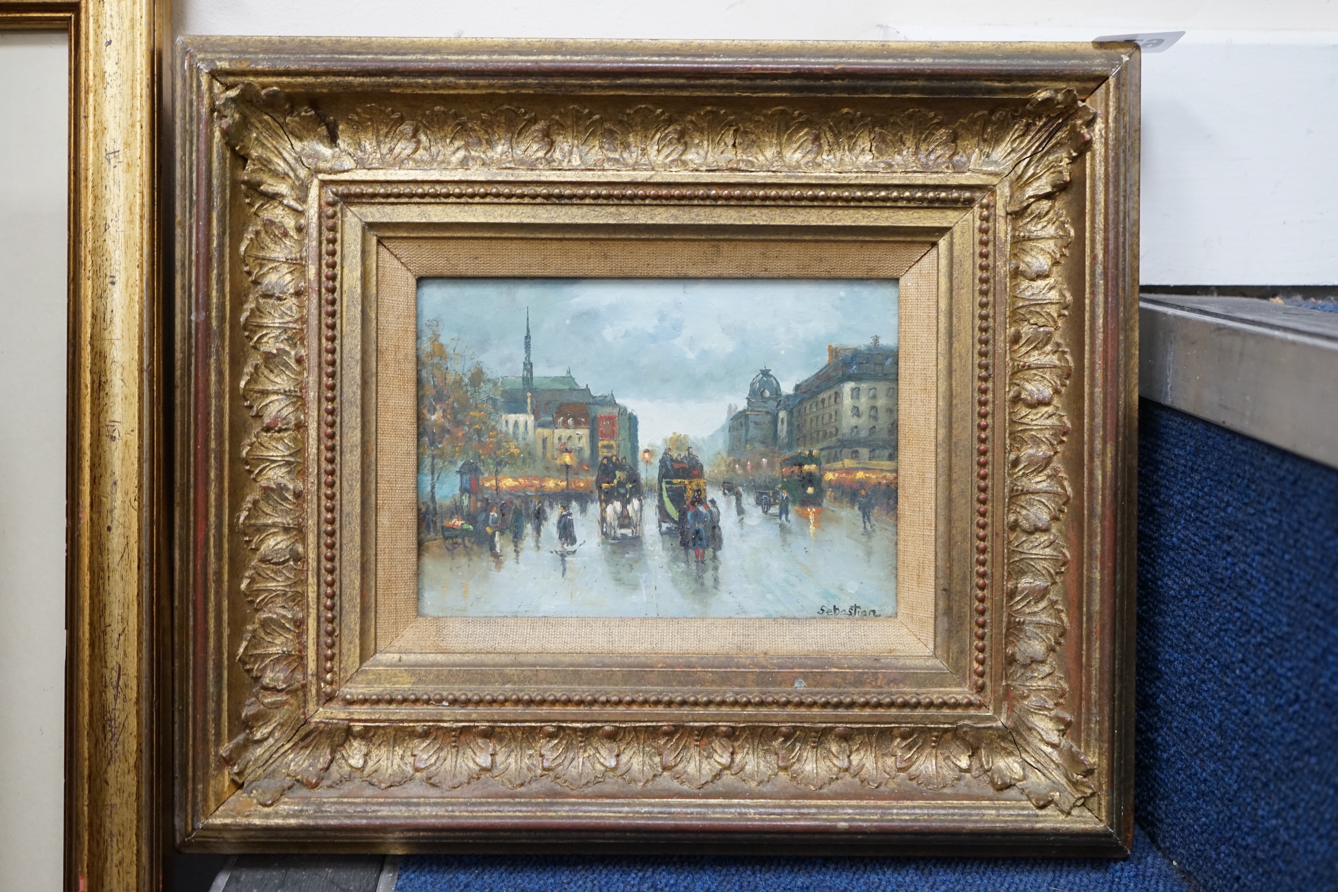 Sebastian (French b.1931), oil on board, Parisian Street Scene, gilt frame, 12 x 17cm